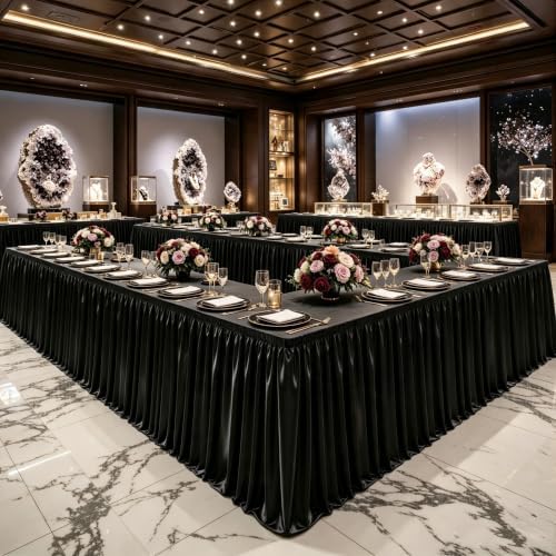 PARTISKY 14ft Length Black Satin Table Skirt for Rectangle Tables-Wrinkle Resistant Ruffle Table Skirting Glitter Desk Cover Skirt for Wedding Birthday Party Office School Dorm Desk Trade Show Decor - Image 3