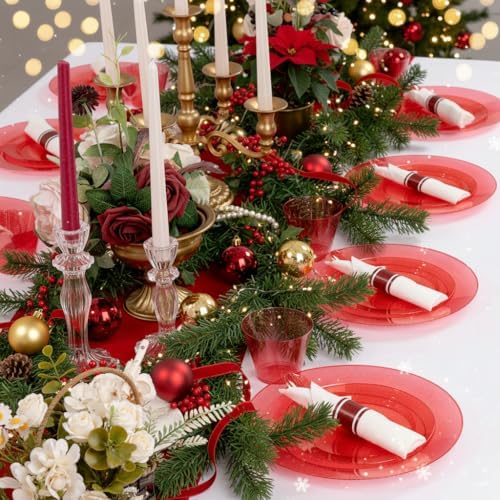 DaYammi 350PCS Red Glitter Plastic Dinnerware Set for 50 Guests - Image 3