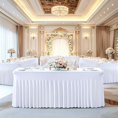 Besutolife White Tablecloths for Rectangle Tables 6ft Spandex Table Skirt One-Piece Wrinkle-Resistant Ruffles Design for Banquets Parties Wedding Dining Table - Image 4