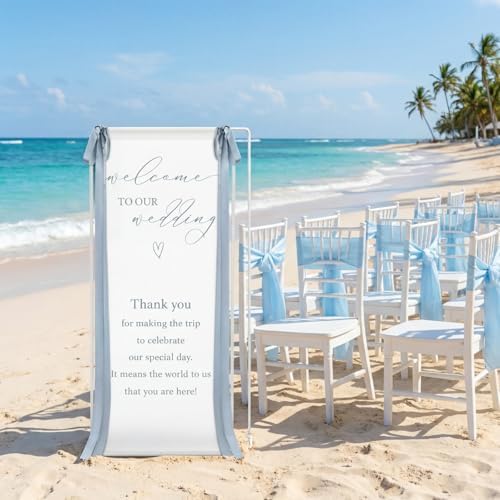 Wedding Welcome Linen Sign Stand with Satin Ribbon(Blue) - Image 4