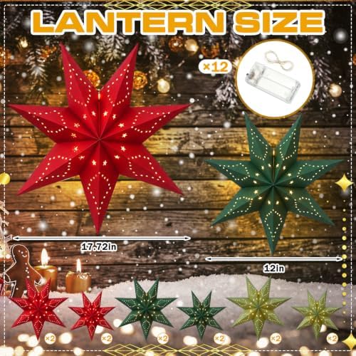 Youyole 12 Set Christmas Paper Star Lantern with Lights, 7 Pointed - Image 3