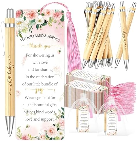 Whaline 50 Sets Baby Shower Favors Pink Floral Flower Engraved Retractable Ballpoint Pens with Thank You Bookmarks and Organza Bags for Gender Reveal Party Gifts Guest Prizes by Whaline