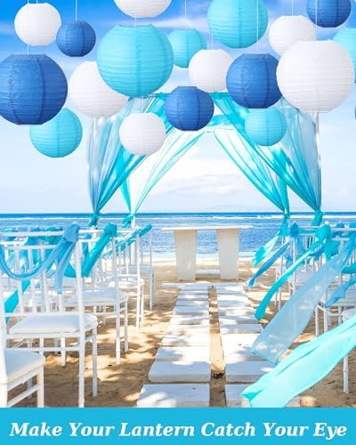 Treela 48 Pcs Paper Lanterns Party Decorations Round, Blue,White - Image 2