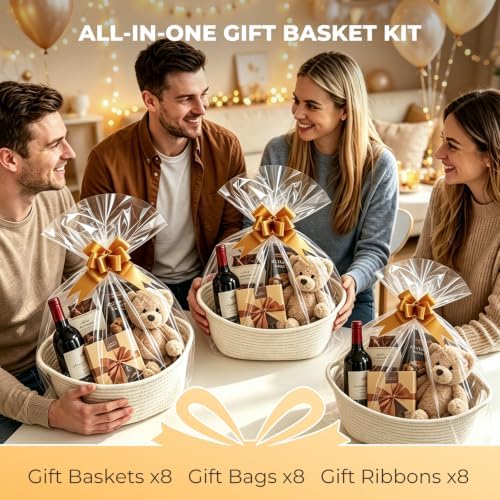8 Pack Small Woven Baskets, 12"x 8"x 5" Empty Gift Baskets with Gift Bags and Bows, Gift Baskets for Christmas Mother's Day, Baby Showers, Birthdays, Raffle Storage Basket with Handles, White - Image 6