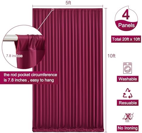 20ft x 10ft Wrinkle Free Burgundy Wedding Backdrop Curtains for Party Bridal Shower Reception Decorations Burgundy Fabric Curtain Backdrops Drapes for Photography Baby Shower Birthday Background - Image 5