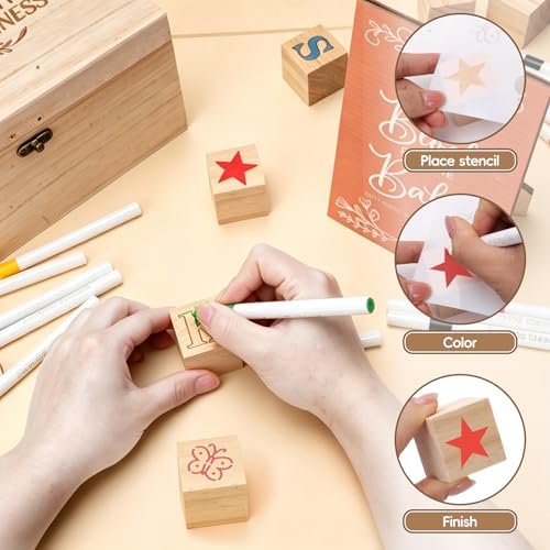 138 Pcs Baby Shower Blocks to Decorate, Wooden Blocks for Baby Shower, Decorate A Block Baby Showers, Wood Box with 52 Wooden Block 36 Paint Markers 1 Game Sign 48 Stencil Templates - Image 4