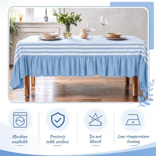 Moukeren 120"x60" Ruffled Tablecloth Table Cover, Blue and White, Striped - Image 2