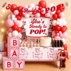 119Pcs She's Ready to Pop Baby Shower Decorations for Girl Soda Pop Theme Party Supplies with Red Pink White Balloon Garland Arch Kit Backdrop Tablecloth Banner Baby Boxes and Cake Toppers - Image 5