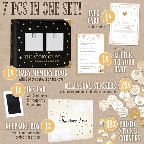 Book Keepsake, Baby Memory Book From Pre-Birth to 5th Year, with 2 Photo Pockets, Milestone Stickers, Hand/Footprint Inkpad, Baby Album and Baby Book for Girls or Boys (Black) - Image 2