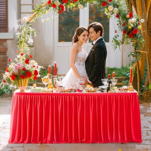 17ft Red Table Skirts for Rectangle Tables Polyester Pleated Table Skirt Desk Skirts Ruffle Table Skirt cloth for Wedding Birthday Party Baby Shower Bridal Shower Banquet Table Skirts - Image 3