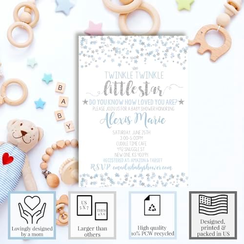 Custom Baby Shower Invites Twinkle Baby Boy Shower Invitations 20 5x7 Personalized Little Star Invites With Envelopes - Unique Blue and Silver Star Baby Shower Cards - Image 2