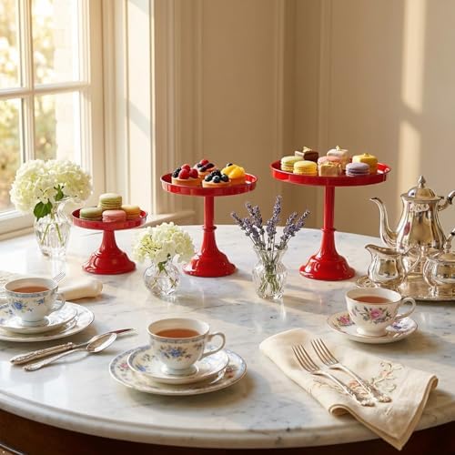 Red 3Pcs Metal Round Cake Stand Set 8/10/12 Inch Dessert Display - Image 4