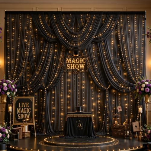 Wish Care 20x10FT Black Wrinkle Free Backdrop Curtains with Lights String for Parties - Photo Curtain Backdrop with Lights for Wedding Decorations, Bridal Baby Shower Birthday Party Photography - Image 2