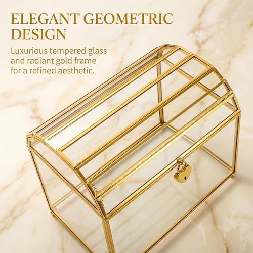Cedilis Glass Wedding Card Box with Slot and Lock, 10 x 7.9 x 5.5 Inches Gold Clear Decorative Wedding Envelope Card Holder for Reception Birthdays Party, Bridal Shower, Graduation - Image 4