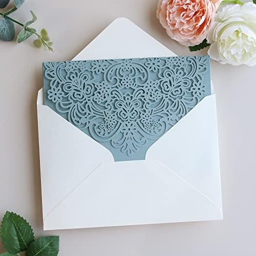 Hosmsua 50PCS Dusty Blue Wedding Invitation Pocket, 5.12 x 7.2 Laser Cut Flora Wedding Invitation Pockets with Envelopes for Wedding Quinceanera Sweet 16 Invite (No Inner Sheet) - Image 4