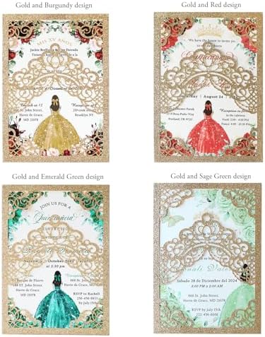 Hosmsua 50PCS Personalized Gold Glitter Quinceanera Invitations Kit, 5.1x7.3 Inch Laser Cut Floral Crown Pocket Quinceanera Invitation Cards with Envelopes for Birthday Quince Anos Invite - Image 7