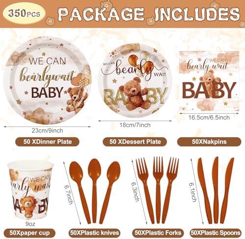 Dandat 350 Pcs Baby Shower Set, Bear, Brown - Image 3