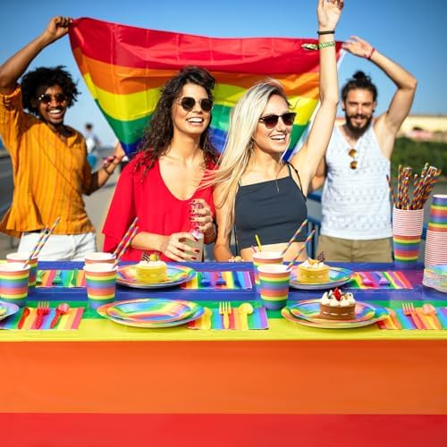 Funnymoom 452 Pcs 50 Guests Pride Party Supplies Decoration, Rainbow Pride Paper Plates Napkins Cups Tablecloth Cutlery Straws Gay Lgbt Disposable Tableware Sets for Rainbow Birthday Table Decoration - Image 5