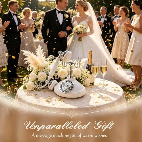 Audio Guest Book Wedding Phone, Retro Telephone Voice Recorder with Custom Greeting, Rechargeable Message Keepsake for Bridal Shower, Anniversary & Special Occasions（White） - Image 3