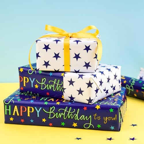 WRAPAHOLIC Jumbo Reversible Birthday Wrapping Paper - 30 Inch x 100 Feet Jumbo Roll - Colorful Happy Birthday Lettering and Stars Design for Bday Party, Baby Shower, Holiday - Image 4