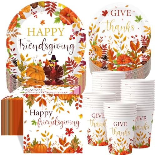 Pickmesh 250 Pcs Happy Friendsgiving Party Decorations Give Thanks Paper Plates Napkins and Cups Fall Pumpkin Disposable Tableware Set for Autumn Harvest Thanksgiving Farmhouse Party Supplies Serve 50 by Pickmesh