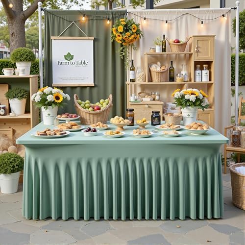 NSSONBEN 2 pk Sage Green Spandex Tablecloth for 8 Foot Rectangle Tables,Wrinkle Free Fitted Spandex Table Covers 8ft Stretch Table Cloths with Ruffle Skirt for Parties Weddings Banquet Baby Shower - Image 6