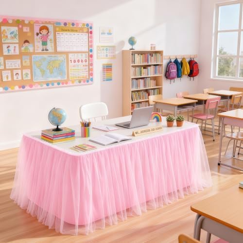 PARTISKY 9FT Long Pink Tulle Table Skirt for Rectangle Round Tables 3-Layer Ruffle Desk Teacher Skirt for Back to School Supplies Princess Girls Birthday Party Classroom Dorm Cake Dessert Decor by Partisky