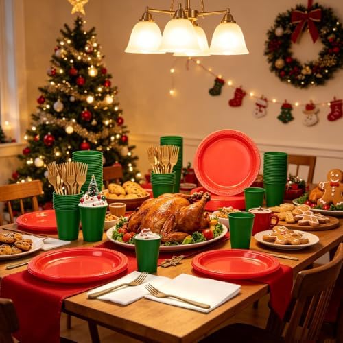 200pcs Red Green Gold Plastic Plates Party Supplies, Disposable 9’’ Red Dinner Plates and Napkins, Cups & Cutlery Plastic Dinnerware Set for Christmas, Holiday, Birthday, Serves 50 Guests - Image 5