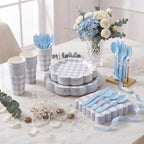 350 PCS Light Blue Gingham Disposable Dinnerware Set, Decagonal Paper Plates 7 & 9 Inch, Napkins, Cups & Cutlery, Checkered Party Supplies for Baby Shower Easter Picnic Wedding - Image 6
