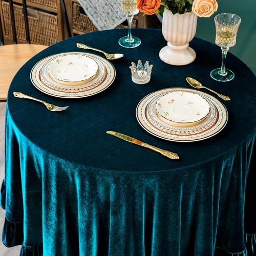 GLORY SEASON Velvet Tablecloth Luxurious Solid Round Table Cloth,Oblong Retro Farmhouse Ruffle Tablecloths Washable Table Cover for Party Wedding Baby Shower Kitchen Dinning Tabletop Decoration - Image 2