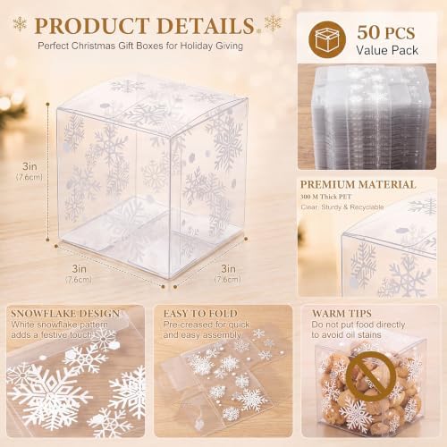 50 Pcs Christmas Clear Favor Boxes 3x3x3 Inch, Snowflake Xmas Candy Box - Image 2