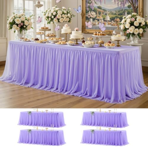 Wish Care 4 Pack Lavender Tulle Tablecloth for 8 Foot Rectangle Tables Stretch Fitted Rectangular Table Cloth Purple Wrinkle Free Ruffle Table Covers Tutu Skirt for Wedding Birthday Party Baby Shower by WishCare