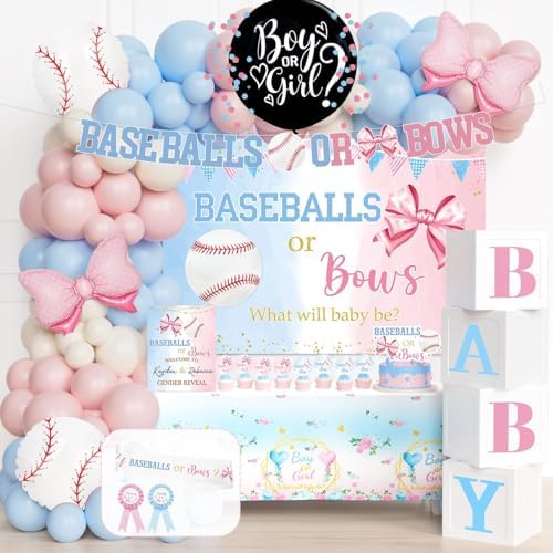 Baseball or Bows Gender Reveal Decorations, Party Balloons Decorations Kit Supplies Includes Balloons, Banner, Sash, Badge Backdrop, Topper, Poster, Balloon Boxes, Tablecloth, Marker 150 PCs by Fiesec