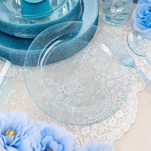 Rubtlamp 180Pcs Blue Glitter Dinnerware Set(30 Guests), Blue Plastic Plate With Gitter Disposable Silverware, Gitter Plate Set Include 30Dinner Platos, 30Dessert Platos, 90Cutlerys, 30Cups for Party - Image 7