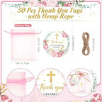 Funnymoom 50 Sets God Bless Flower Religious Party Supplies Baptism Cross Acrylic Clear Shot Glasses Pink Floral Thank You Tags with Organza Bags for Christening Celebration Baby Shower - Image 3