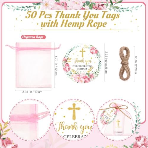 Funnymoom 50 Sets God Bless Flower Religious Party Supplies Baptism Cross Acrylic Clear Shot Glasses Pink Floral Thank You Tags with Organza Bags for Christening Celebration Baby Shower - Image 3