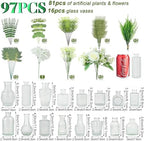 WARMALL Artificial Flowers with Vases, 16 Pcs Bud Vases, & 81 Pcs Artificial Plants DIY Set Suitable for Centerpieces Table Weddings Party Office and Indoor Decor Mini Small Glass Clear(White) - Image 2