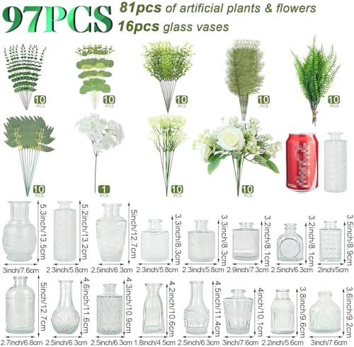 WARMALL Artificial Flowers with Vases, 16 Pcs Bud Vases, & 81 Pcs Artificial Plants DIY Set Suitable for Centerpieces Table Weddings Party Office and Indoor Decor Mini Small Glass Clear(White) - Image 2