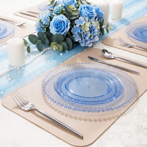 U-QE 60PCS Clear Blue Plastic Plates, Beaded Plates Disposable Heavy Duty - Image 2