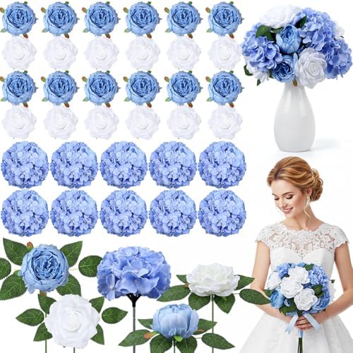 Suncalla 60 Pcs Assorted Silk Artificial Flowers, Faux Fake Full Hydrangea Peony Rose Bouquet with Leaf Stem for Wedding Centerpiece Bridal DIY Craft Baby Shower Party Decor(Blue) by Unknown