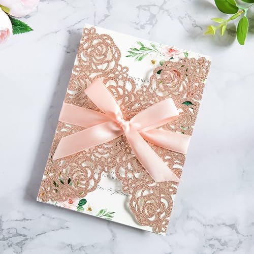 ponatia 25PCS 5.12 x 7.1'' Rose Gold Glitter Wedding Invitations Cards Laser Cut Hollow Rose With Envelopes, Printable Paper with Ribbons for Wedding Bridal Shower Engagement Sweet 16 Birthday - Image 2