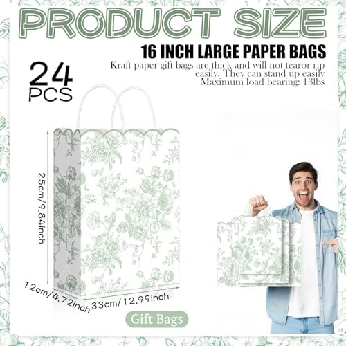 Kolldenn 24 Pcs Green Floral Gift Bags with Handles, 10x5x13 in - Image 2