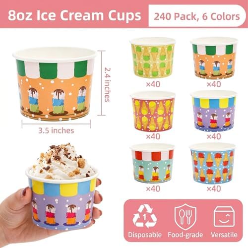 Cididu 240 Pack Paper Ice Cream Cups, 8 Oz Disposable Dessert Snack Bowls, Parties Suppliers Treat Cups for Hot and Cold Food, Soup, Sundae, Fruits, Frozen Yogurt, Summer Birthday Party Picnic - Image 2