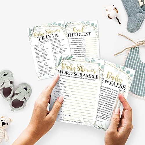 Hadley Designs 25 Greenery Word Scramble, 25 True Or False Game, 25 Trivia Game, 25 Find The Guest-4 Double Sided Cards Baby Shower Ideas, Gender Reveal Games Baby Shower Games - Image 2