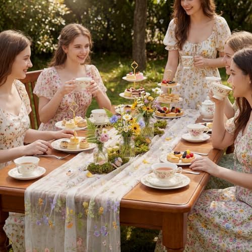 Ivory White Floral Table Runner 10ft Embroidery Tulle Spring Wildflower Table Runner Seasonal Summer Butterfly Kitchen Dining Gauze Decoration for Wedding Baby Shower Birthday Party (3 Pcs) - Image 6