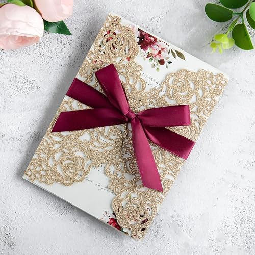 ponatia 25PCS Hollow Rose Laser Cut Wedding Invitations Cards with Envelopes, Printable Paper with Burgundy Ribbons For Wedding Bridal Shower Engagement Sweet 16 Birthday Invite (Gold Glitter) - Image 2