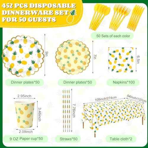 Ceenna 452 Pcs Tropical Pineapple Party Decoration for 50, Pineapple Paper Plates Napkins Cups Tablecloth Luau Hawaiian Disposable Tableware Set for Summer Birthday Baby Shower Wedding Party Supplies - Image 2