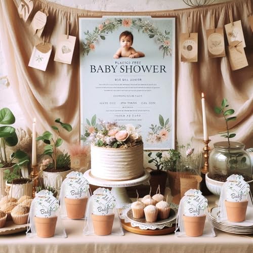 Ctosree 50 Sets Eucalyptus Leaf Baby in Bloom Baby Shower Seed Packets Favors for Guests Include Self Adhesive Seed Packets (No Seeds) Clay Plastic Flowerpot Thank You Tags Hemp Rope Organza Gift Bags - Image 3