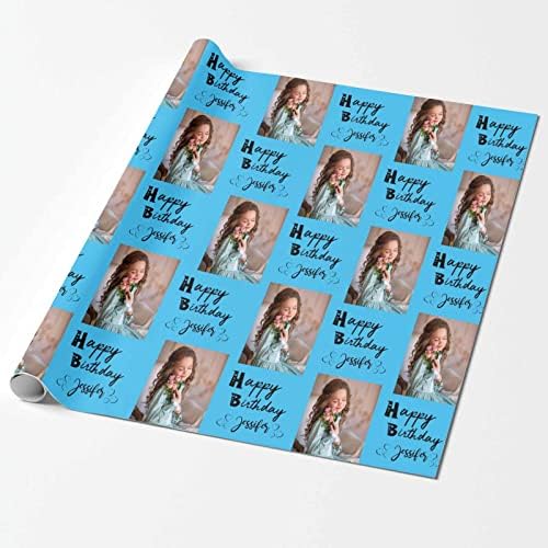MyPupSocks Personalized Photo Wrapping Paper, Happy Birthday with Name Photo Blue Custom Funny Wrapping Paper Roll for Boys Girls Baby Shower Wedding Anniversary Birthday Gift 58x23 Inch 3 Rolls - Image 2