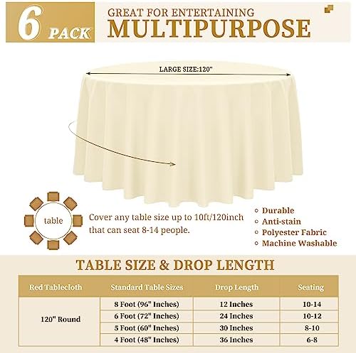 YMHPRIDE 6 Pack Beige Tablecloths - 120 Inch Polyester Round Table Covers, Washable Fabric for Wedding, Party, Dining, Banquet - Image 2